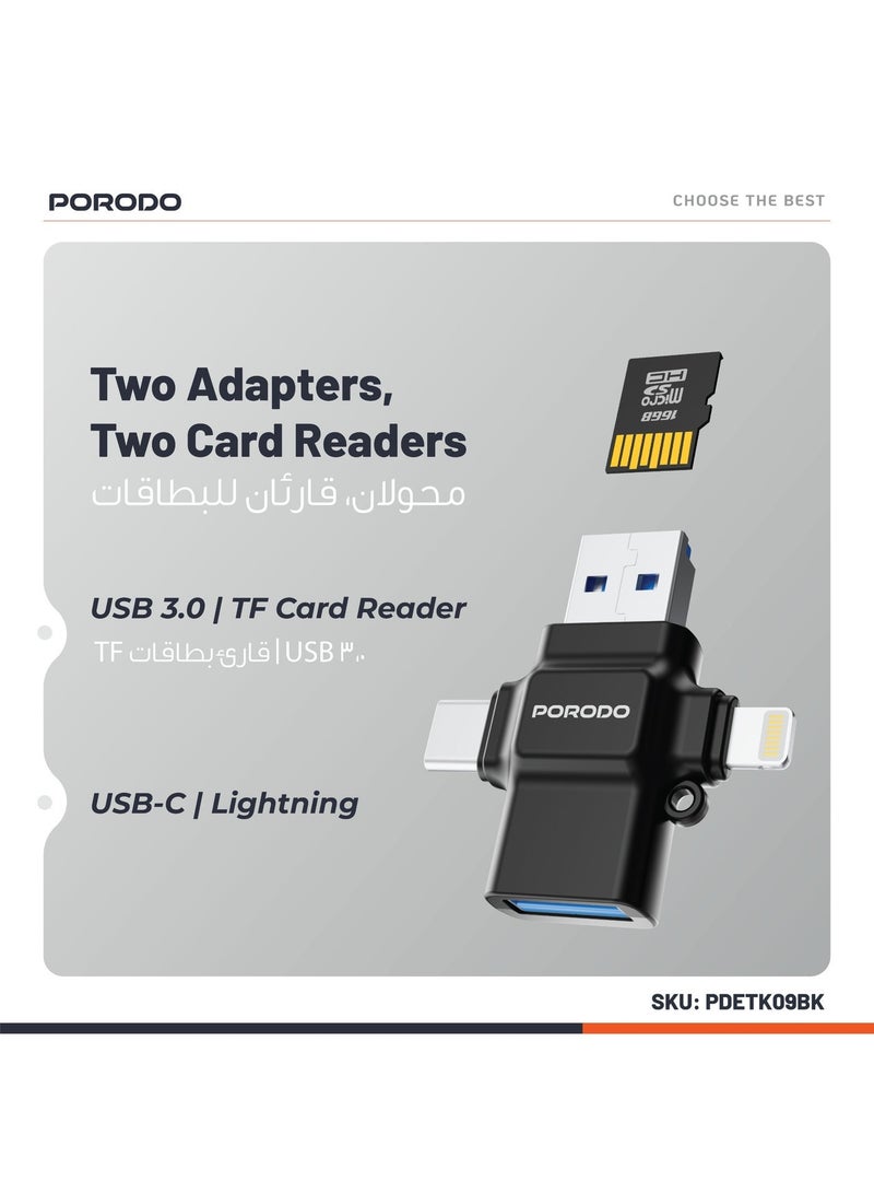 porodo 4-in-1 OTG Adapter & TF Card Reader /USB 3.0 / Lightning/ Type-C/USB 2.0/ Fast Data Transfer / Plug & Play / Multi-Interface OTG Adapter for Work, Travel, or Everyday Use - Black - Image 2